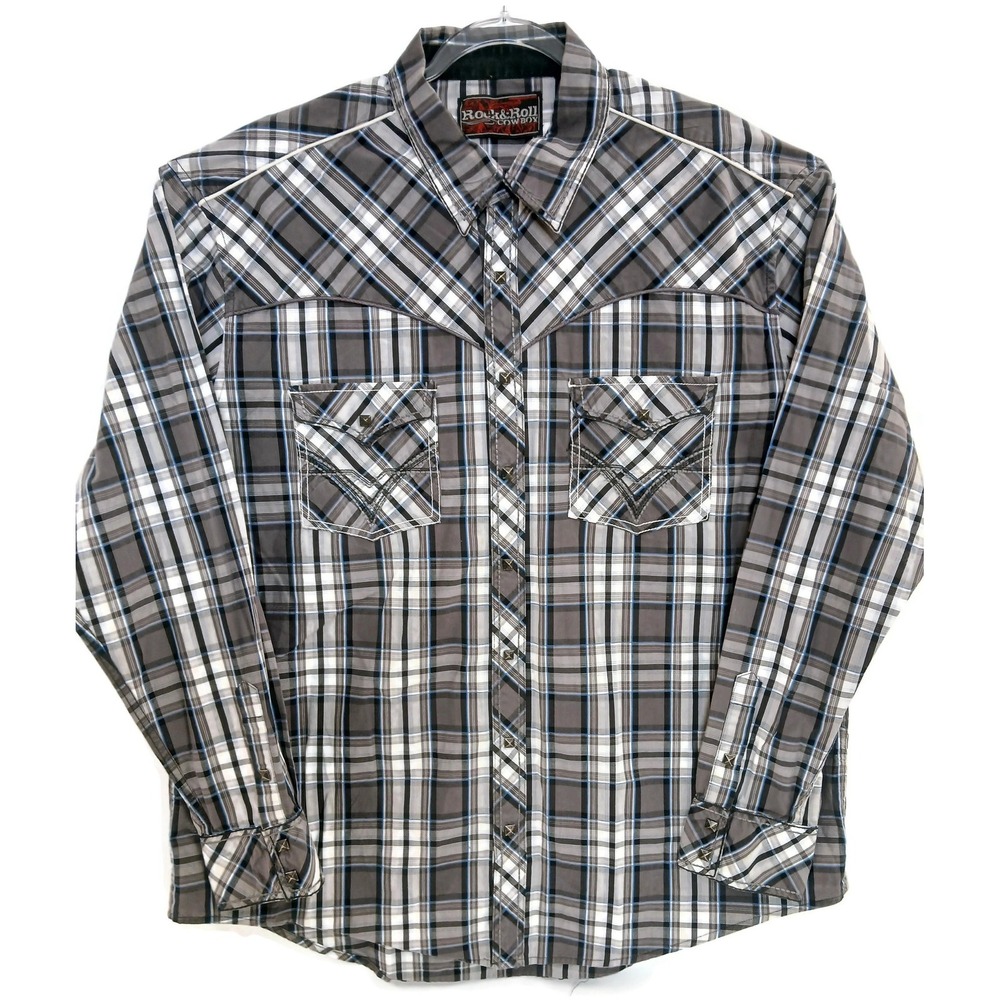 Rock & Roll Cowboy Shirt Mens Gray Blue Plaid Western‎ Pearl Snap Long Sleeve